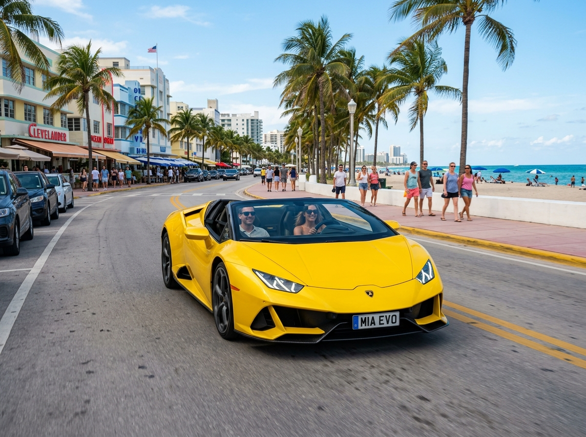 Lamborghini Huracan EVO rental Miami — yellow supercar on Miami Beach boulevard