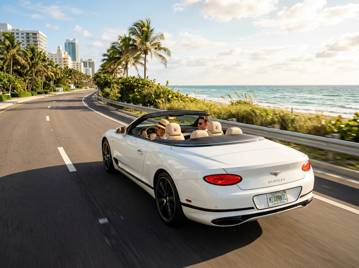 Bentley Continental GT Convertible rental Miami — white Bentley on A1A coastal road