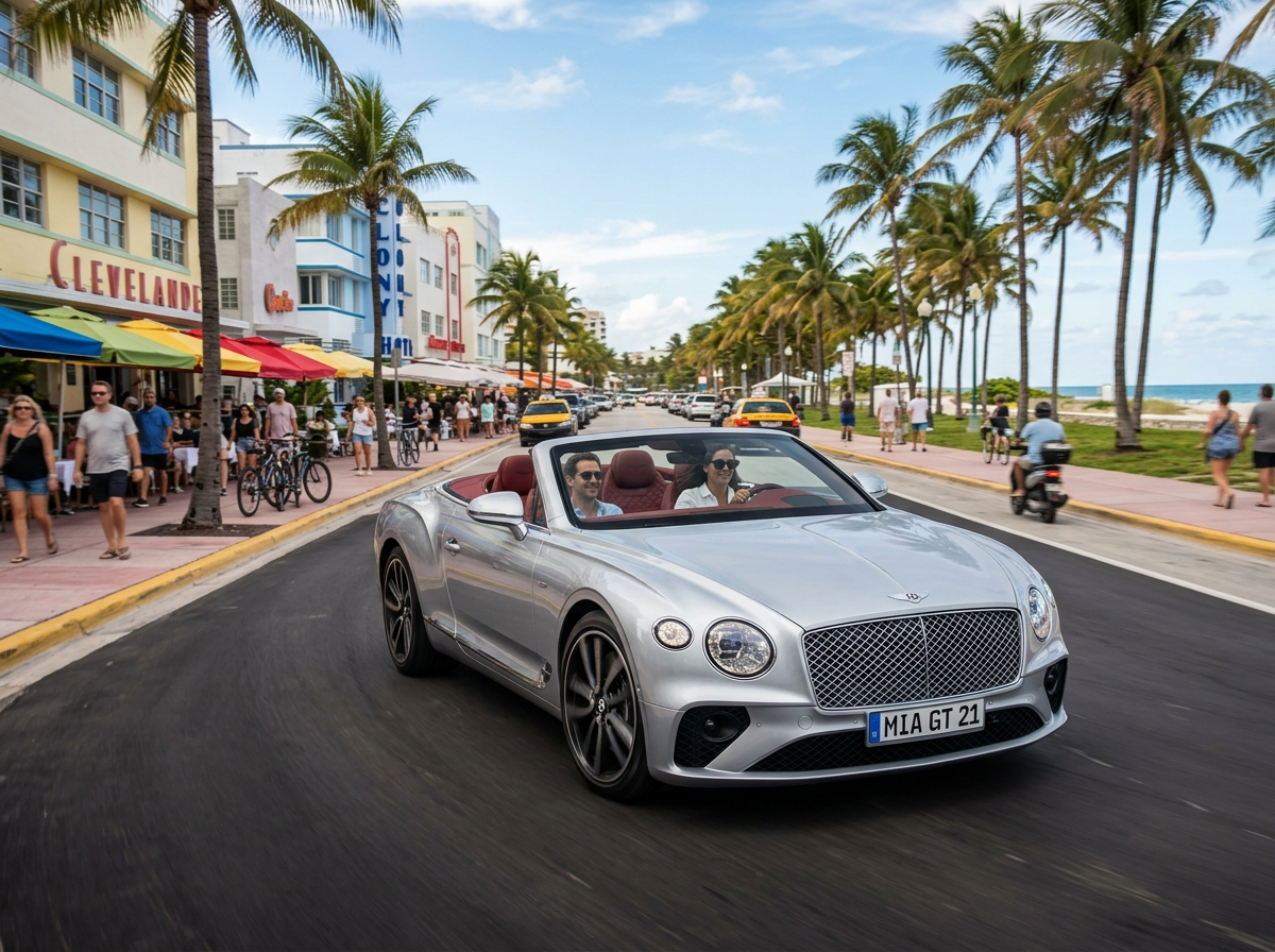 Bentley Continental GT open top driving Miami