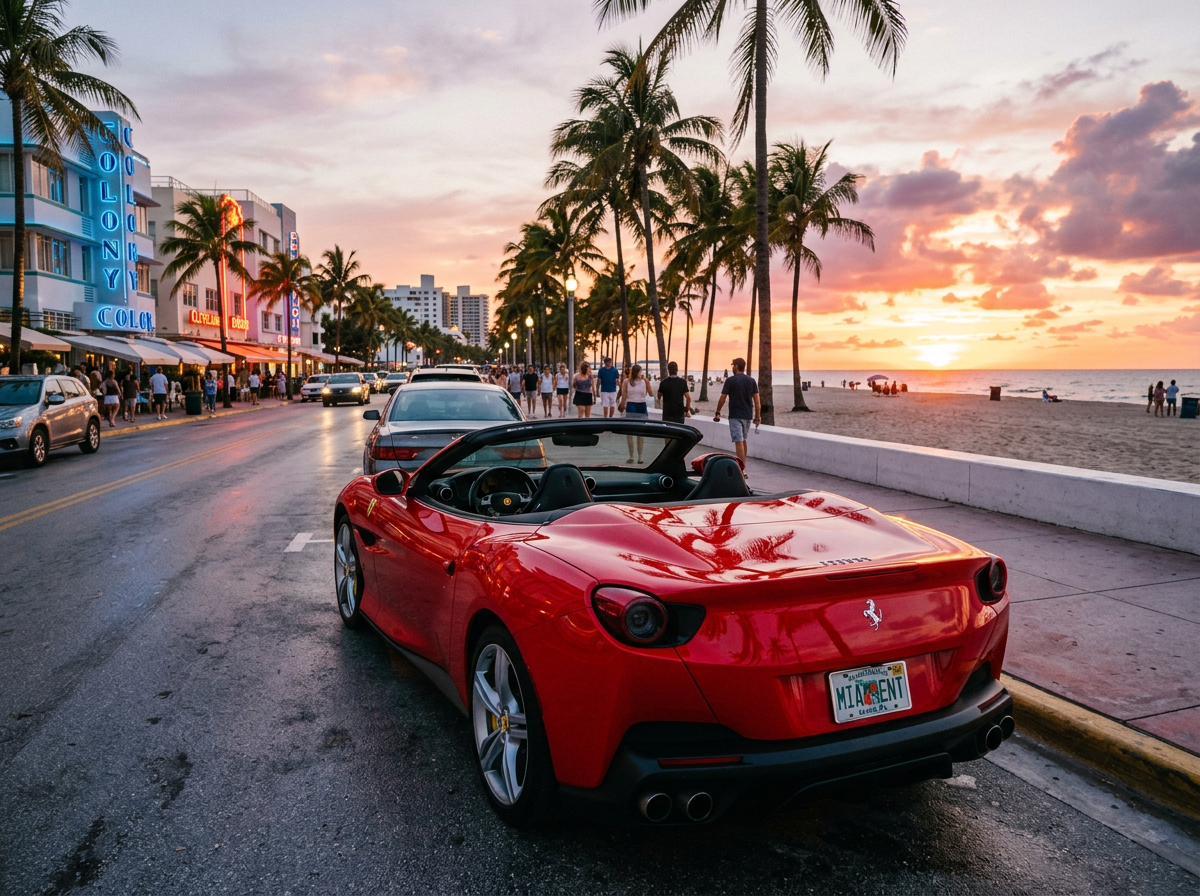 Ferrari Portofino M rental Miami — red Ferrari convertible at South Beach sunset
