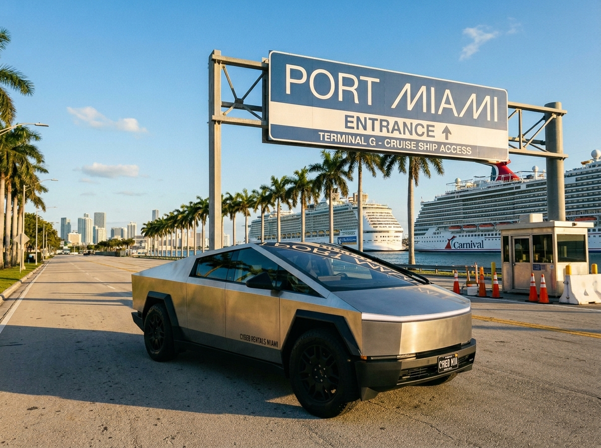 Tesla Cybertruck rental Miami — stainless steel truck at Miami Port entrance