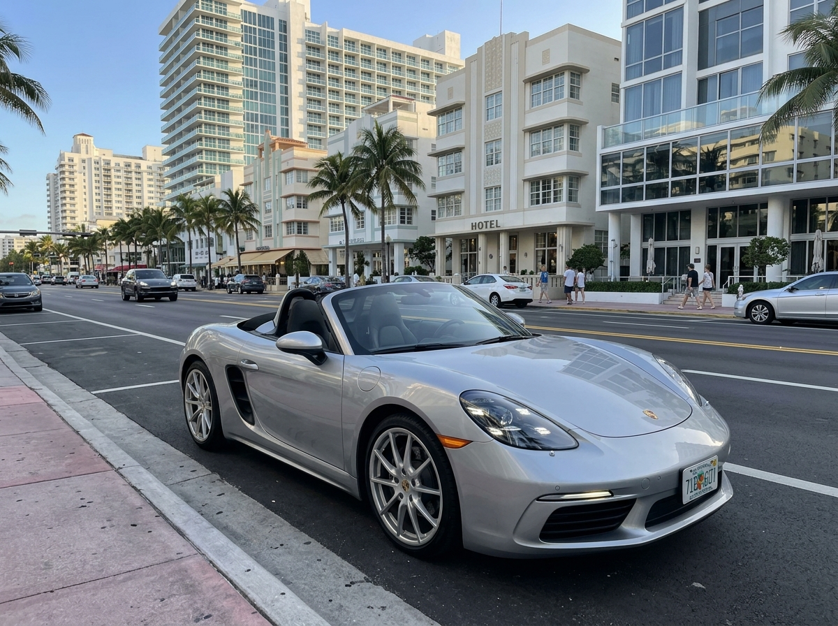 Porsche 718 Boxster rental Miami — silver convertible on Collins Avenue