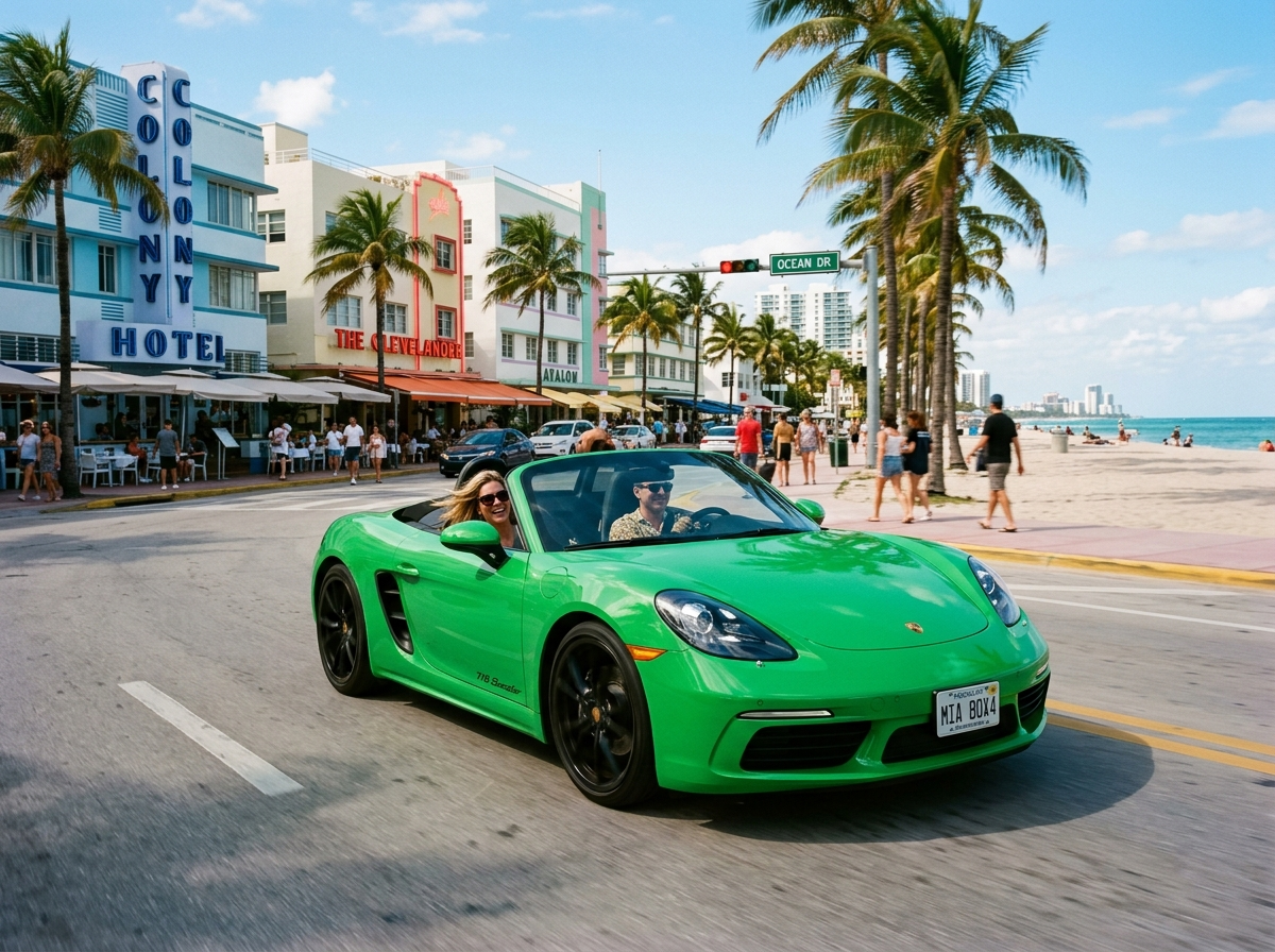 Porsche 718 Boxster open top Miami South Beach cruise