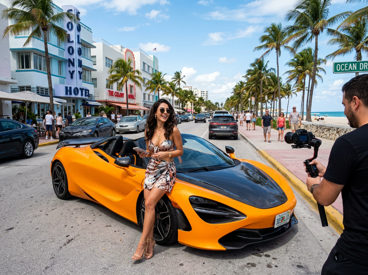 Social media influencer exotic car shoot Miami Beach Ocean Drive
